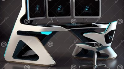 Meja PC gaming dengan desain yang modern dan futuristik