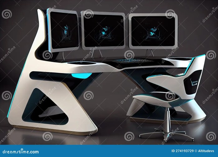 Meja PC gaming dengan desain yang modern dan futuristik