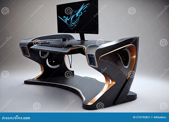 Meja PC gaming dengan desain yang modern dan futuristik